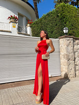 Robe dos nu en satin rouge