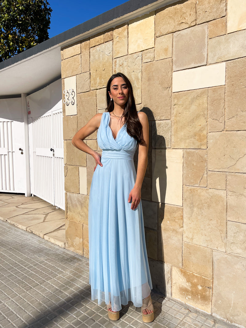 Robe en tulle à col en V, bleue