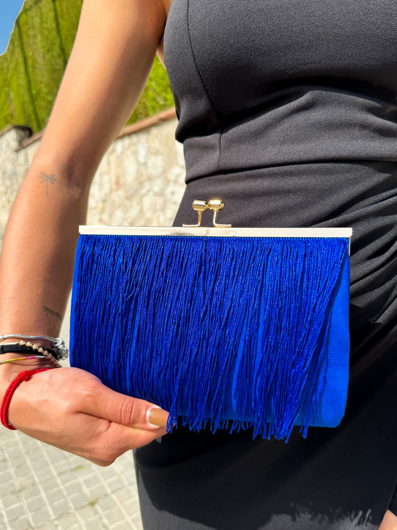 Pochette in pelle scamosciata con frange blu