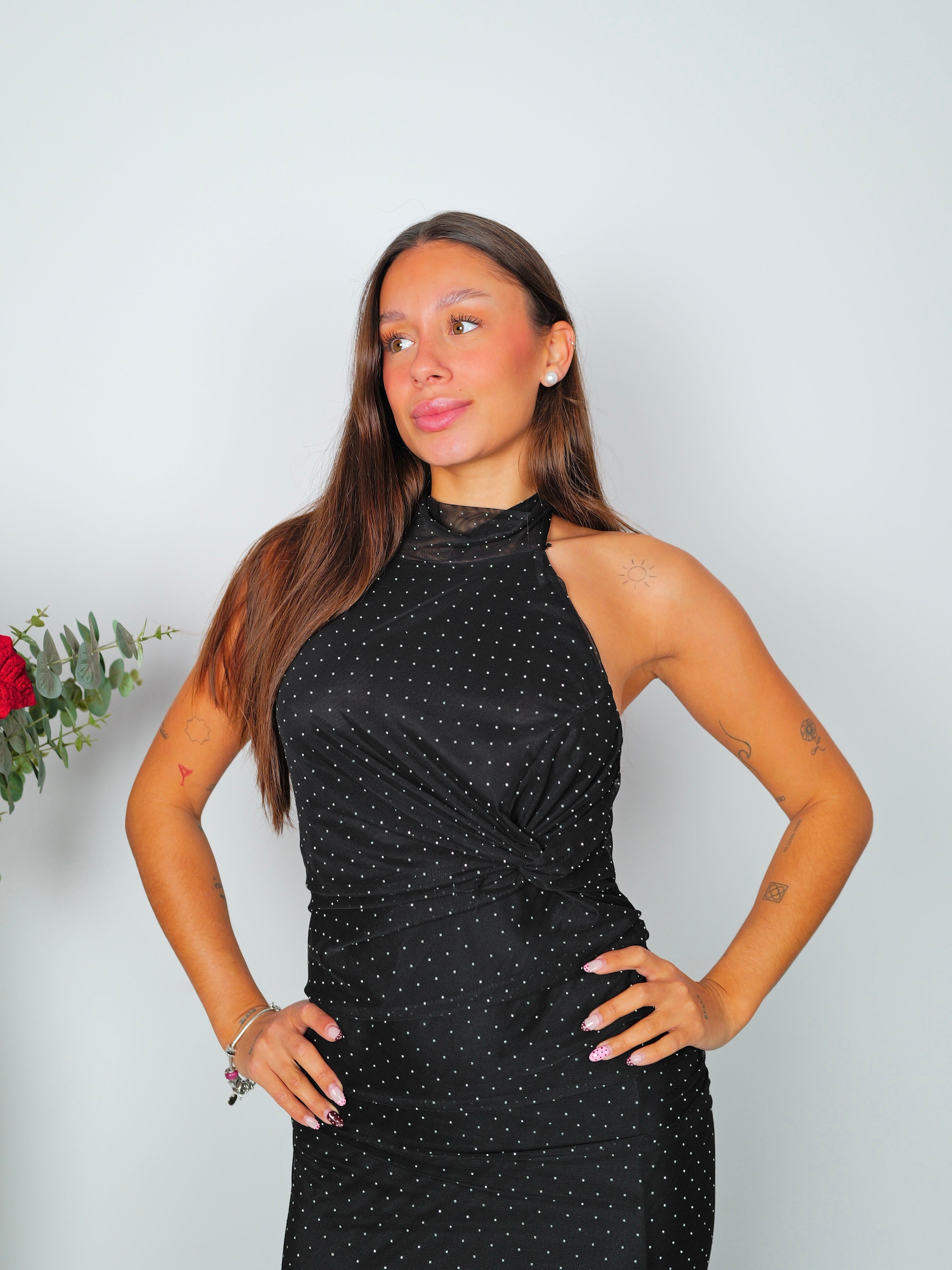 Abito lungo in tulle glitterato nero