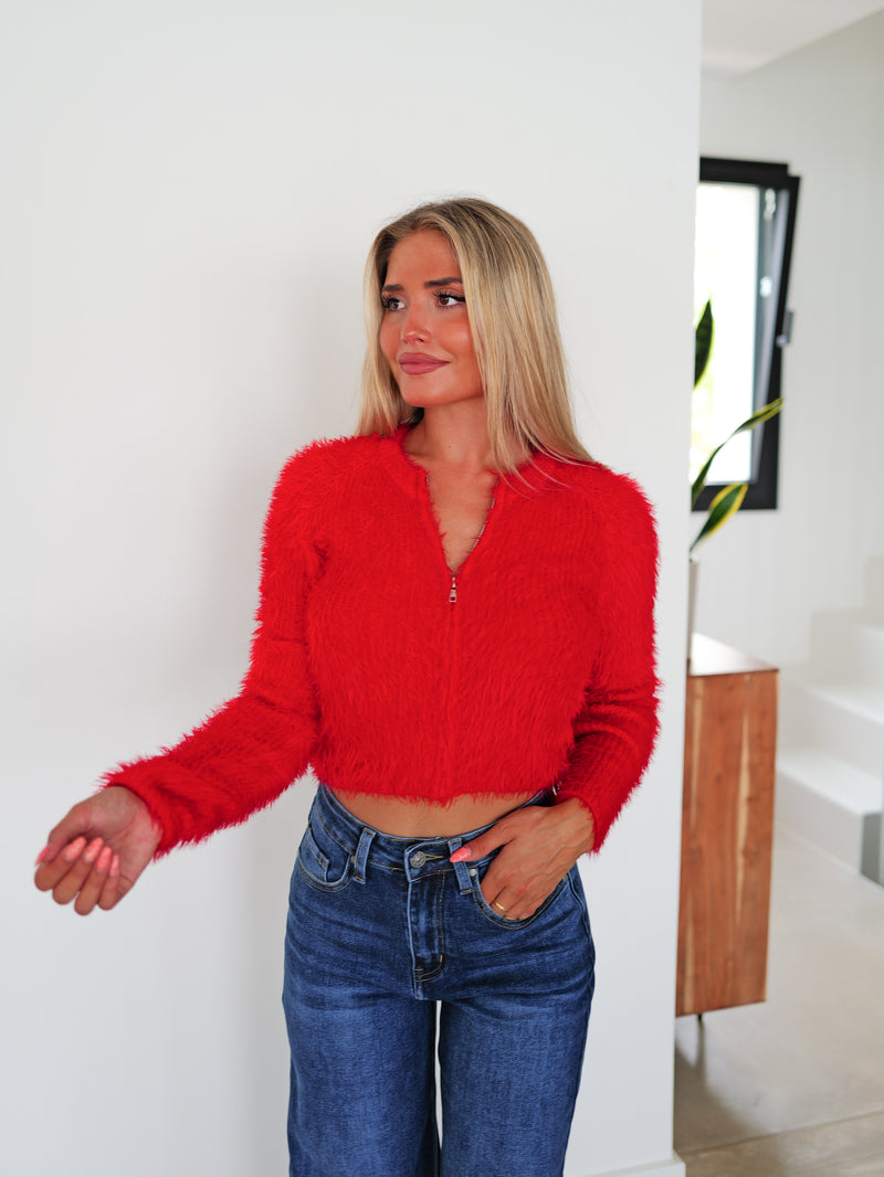 Pullover con zip in pile rosso