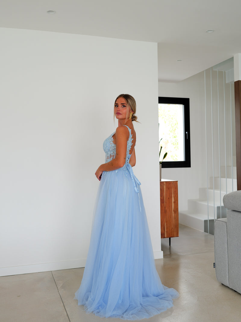 Abito corsetto con scollo a V in tulle azzurro