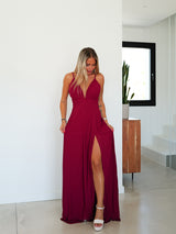 Abito in crepe bordeaux con scollo a V