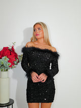 Vestido bardot glitter plumas negro