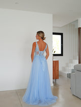 Abito corsetto con scollo a V in tulle azzurro