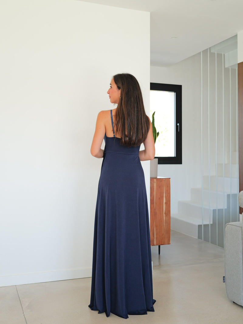 Abito con fiocco a V color navy