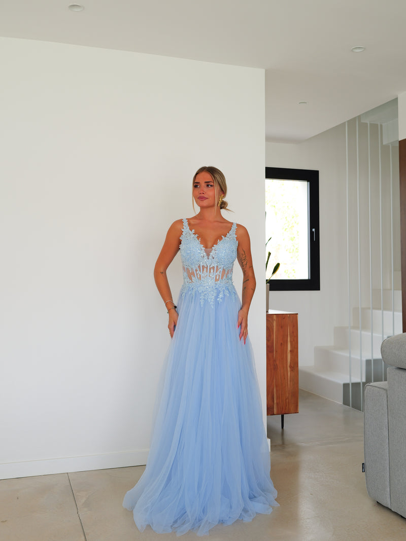 Abito corsetto con scollo a V in tulle azzurro