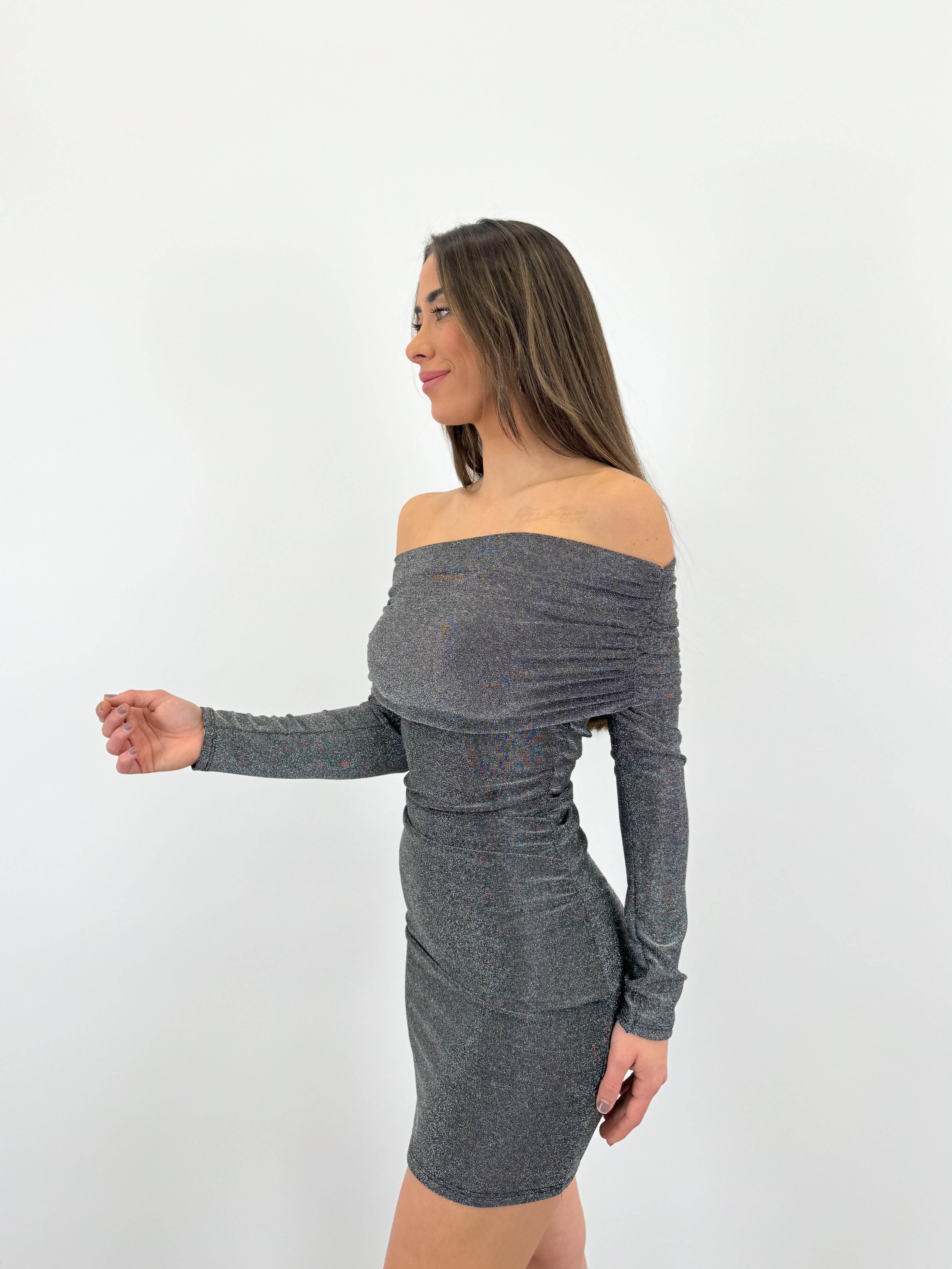 Abito Bardot in lurex argento