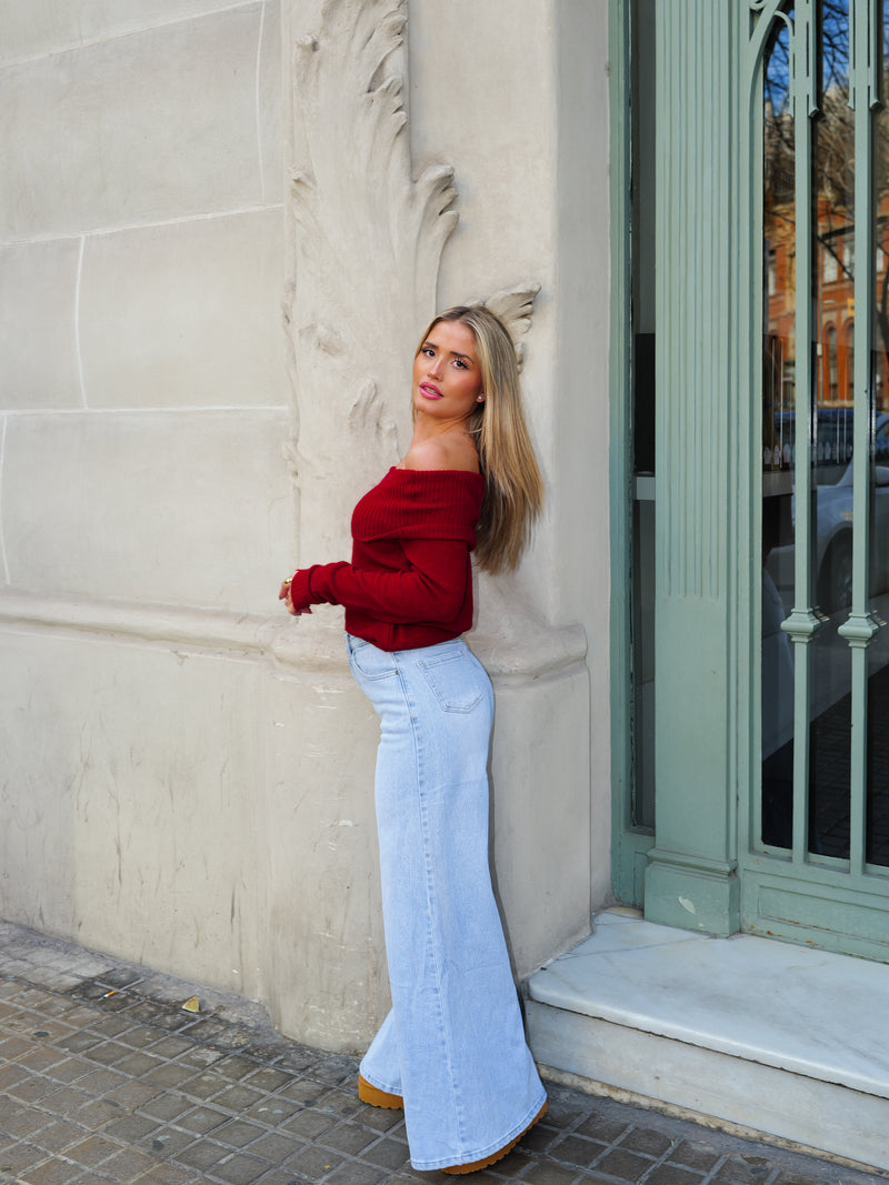 Maglia bardot con maniche di vino