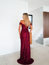 Abito a corsetto con maniche in glitter bordeaux