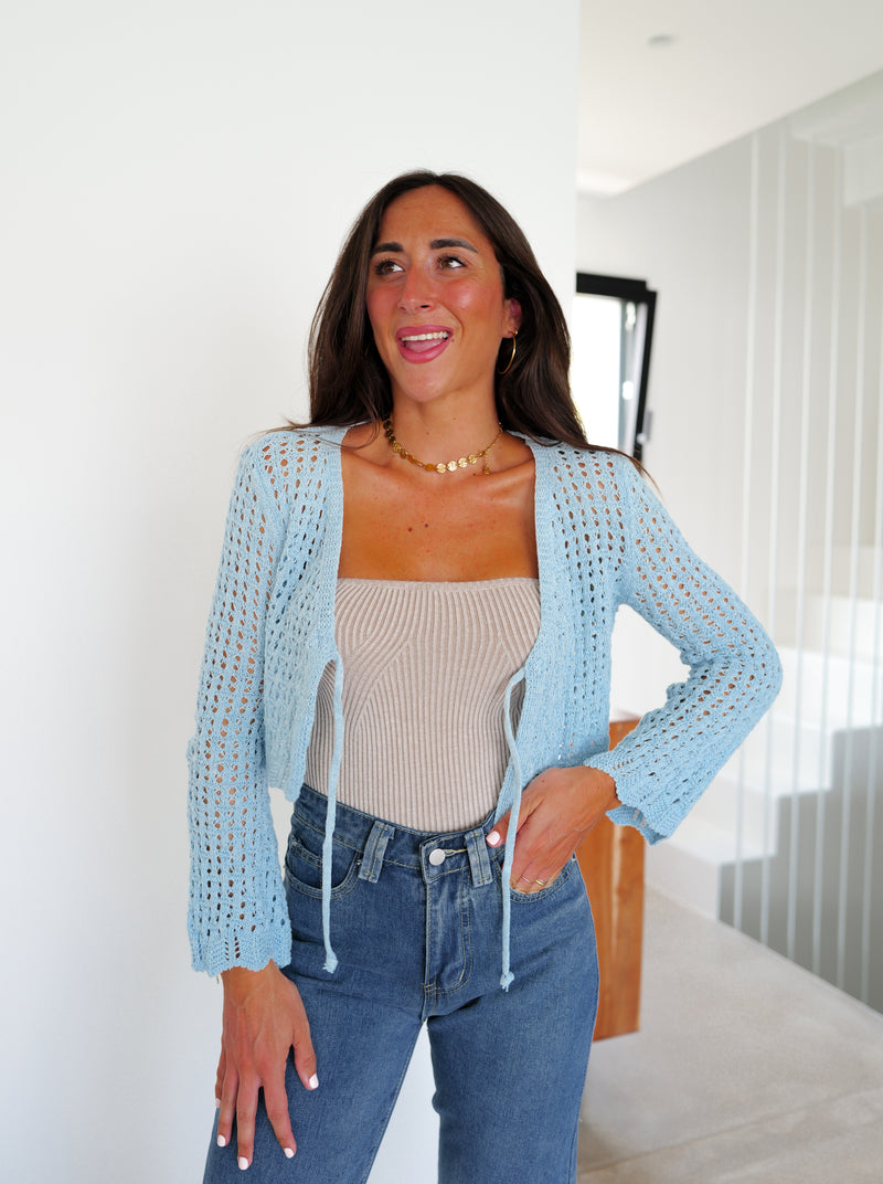 Mini cardigan con fiocco blu