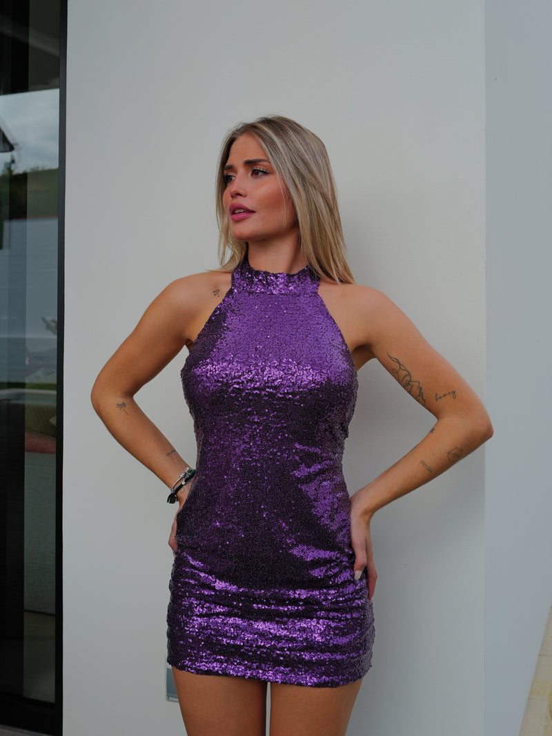 Abito halter in glitter viola