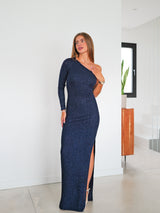 Abito lungo asimmetrico in lurex navy