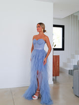 Abito corsetto con volant in pizzo blu