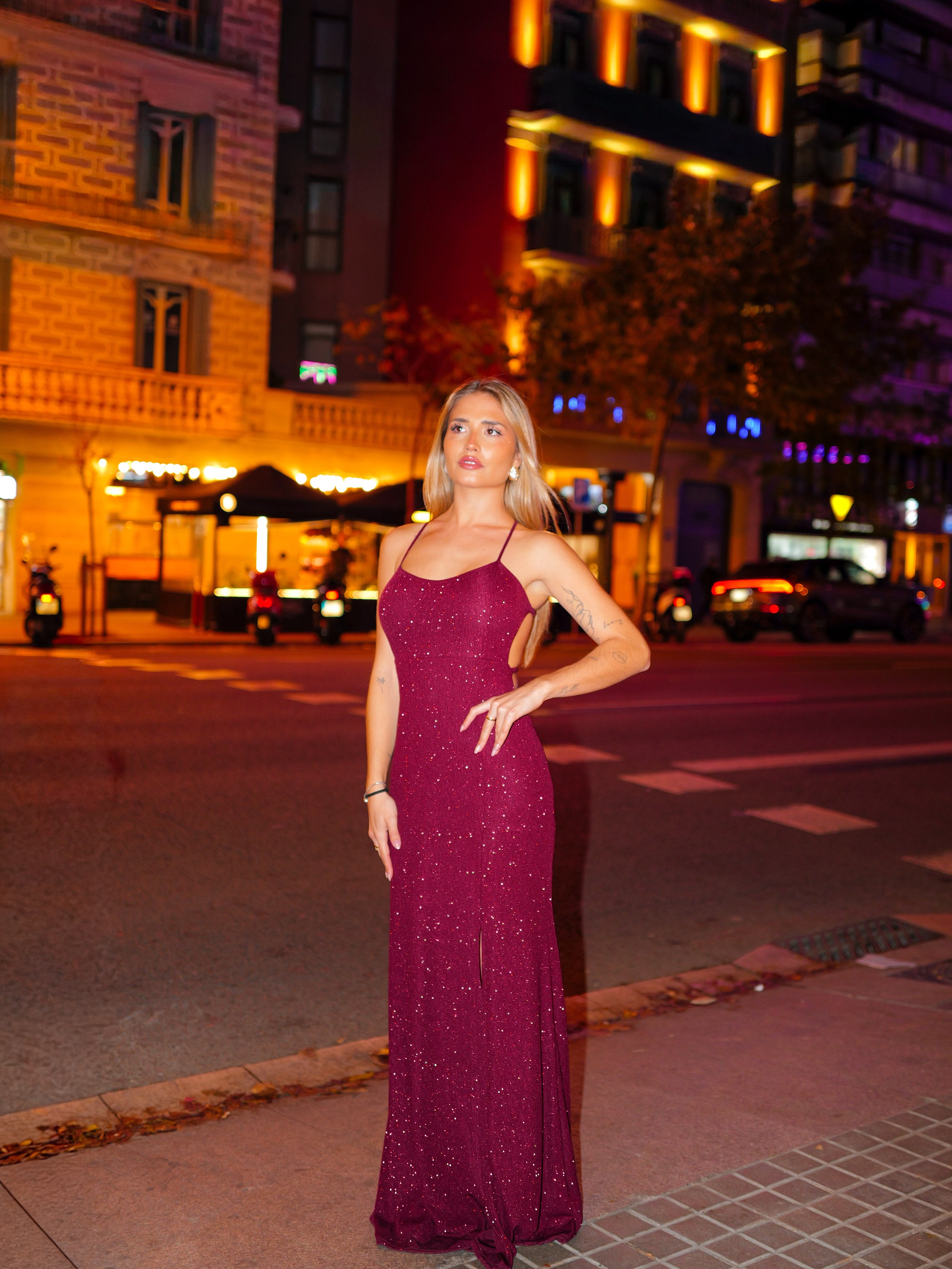 Abito lungo lurex bordeaux con spalline