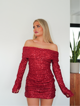 Vestido bardot glitter burdeos