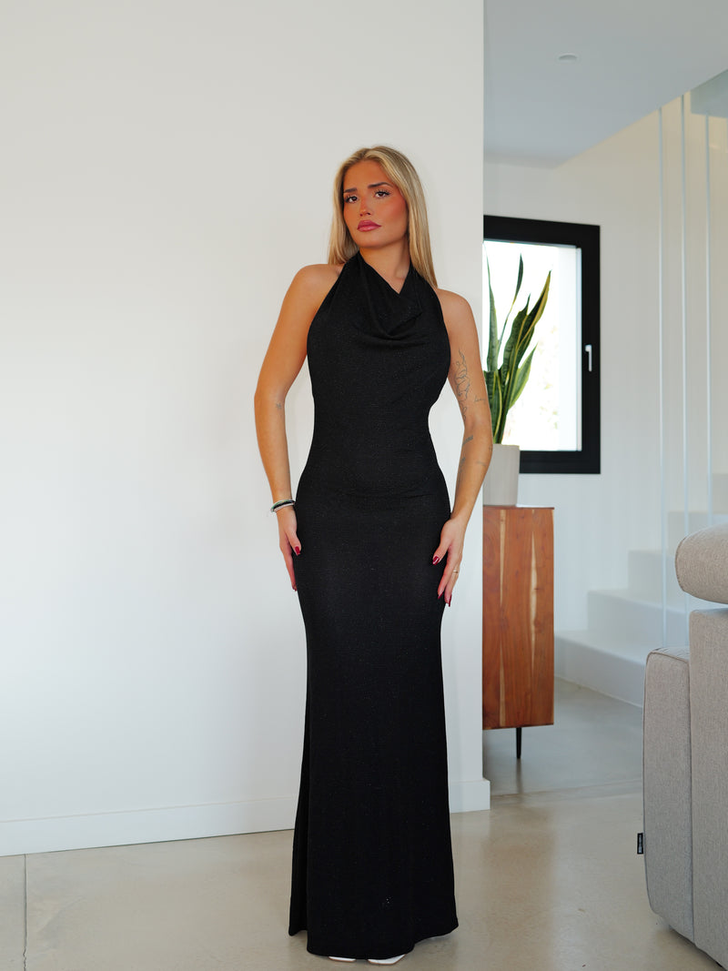 Vestido largo cascada lurex negro