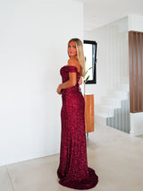 Abito a corsetto con maniche in glitter bordeaux