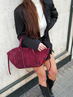 Borsa shopper in pelle scamosciata bordeaux