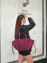 Borsa shopper in pelle scamosciata bordeaux