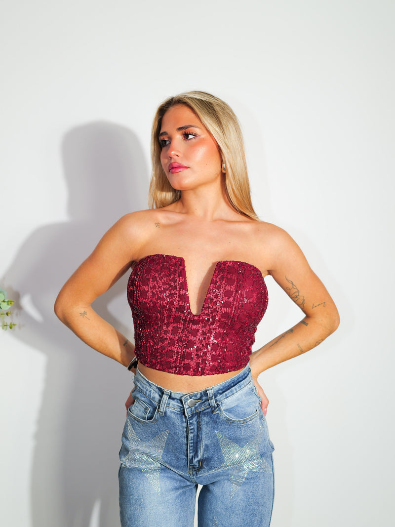 Top a fascia glitterato bordeaux