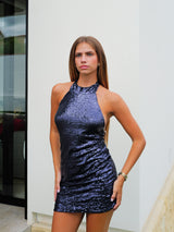 Abito halter in glitter navy