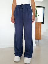 Pantalone in lino a righe blu navy