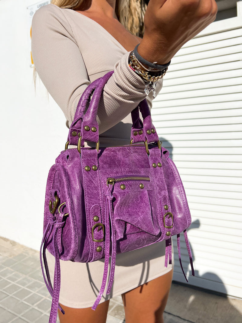 Borsa con fibbie in pelle opaca viola